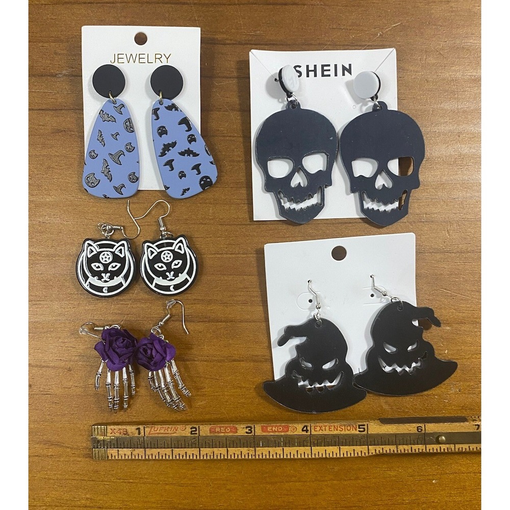 Whimsigoth Halloween Dangle Earrings Lot Of 5 Witch Skeleton Black Cat